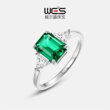 跨境新品专供长方培育祖母绿戒指S925银镶培育彩宝食指戒高端优雅