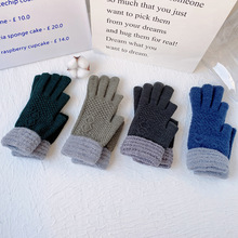 韩版时尚成人针织保暖手套冬季男士露两指毛线全指骑行干活用百搭