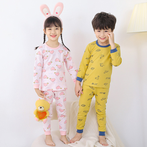 Cotton Brocade Children's Underwear Set for Autumn/Winter, Unisex, Long-Sleeved Top and Bottom Set, Combed for Middle/Big Kids, Warmth-Keeping Set