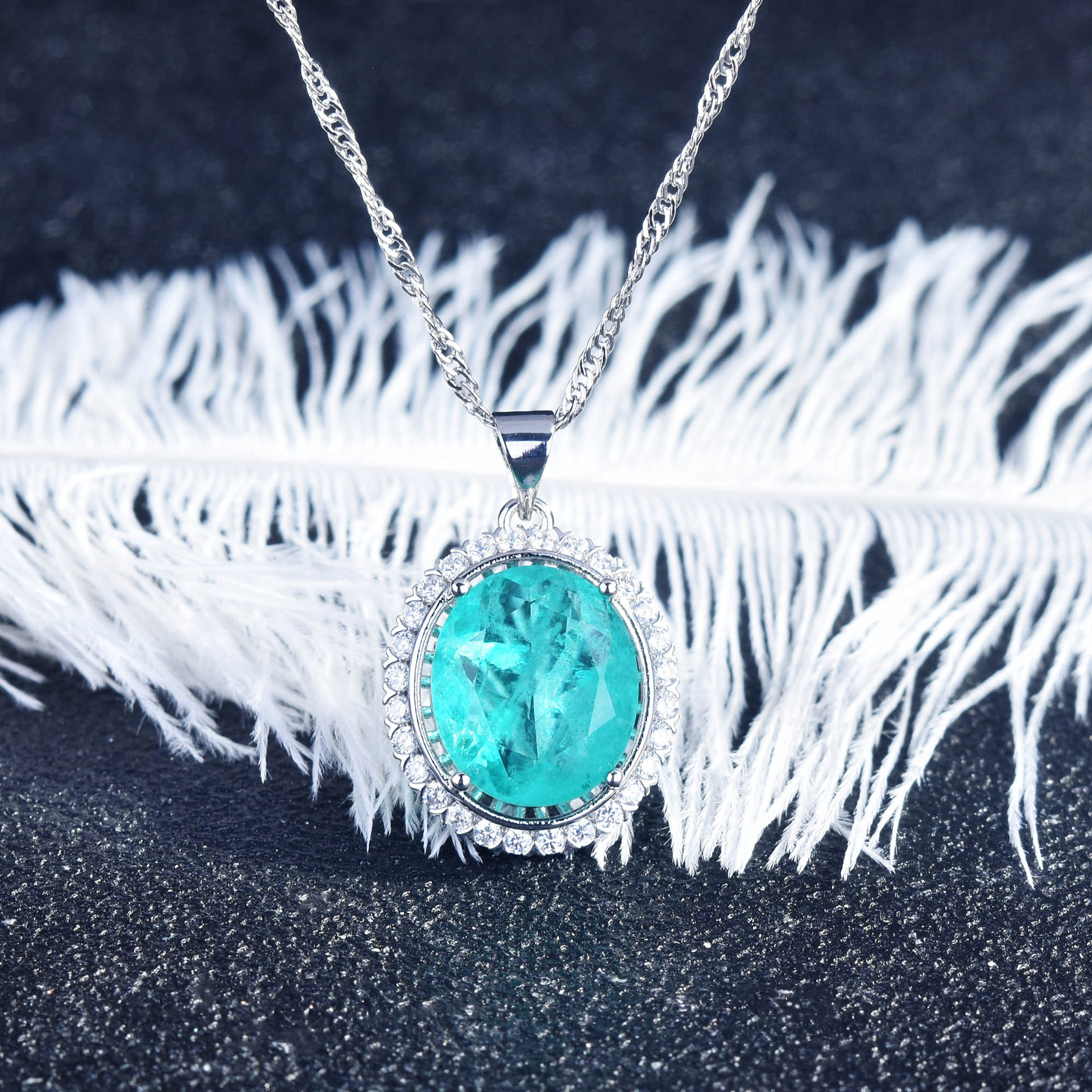 New European And American Style Retro Imitation Paraiba Suit Tik Tok Live Stream Colored Gems Necklace Open Rings Ear Studs Women display picture 2