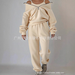 2025秋冬加绒跨境外贸独立站欧美女士纯色拉链卫衣休闲套装