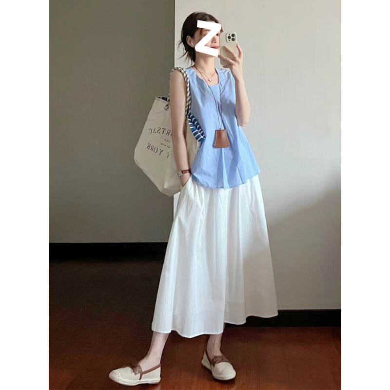 韓国の優しいスタイルの女性用夏スーツ、スイートブルーのノースリーブベストトップ、ハイウエストスカートの2点セット|undefined