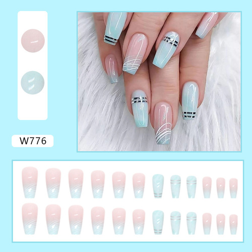 Mid-length gradient green fresh manicure white irregular lines fake nails small fresh silver lines ins style beauty