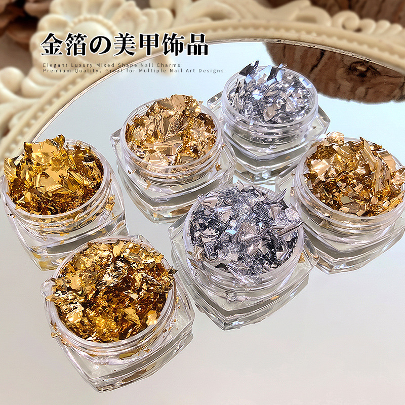 Wholesale Japanese-style nail art high-gloss gold and silver foil paper, shiny ultra-thin gold and silver foil fragments, wearable nail decoration stickers Wholesale Japanese-style nail art high-gloss gold and silver foil paper, shiny ultra-thin gold and silver foil fragments, wearable nail decoration stickers
