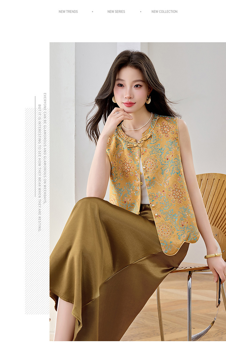 Set áo gile vest và chân váy maxi thắt eo phong cách tân cổ điển WA9509 — màu vàng chi tiết 13