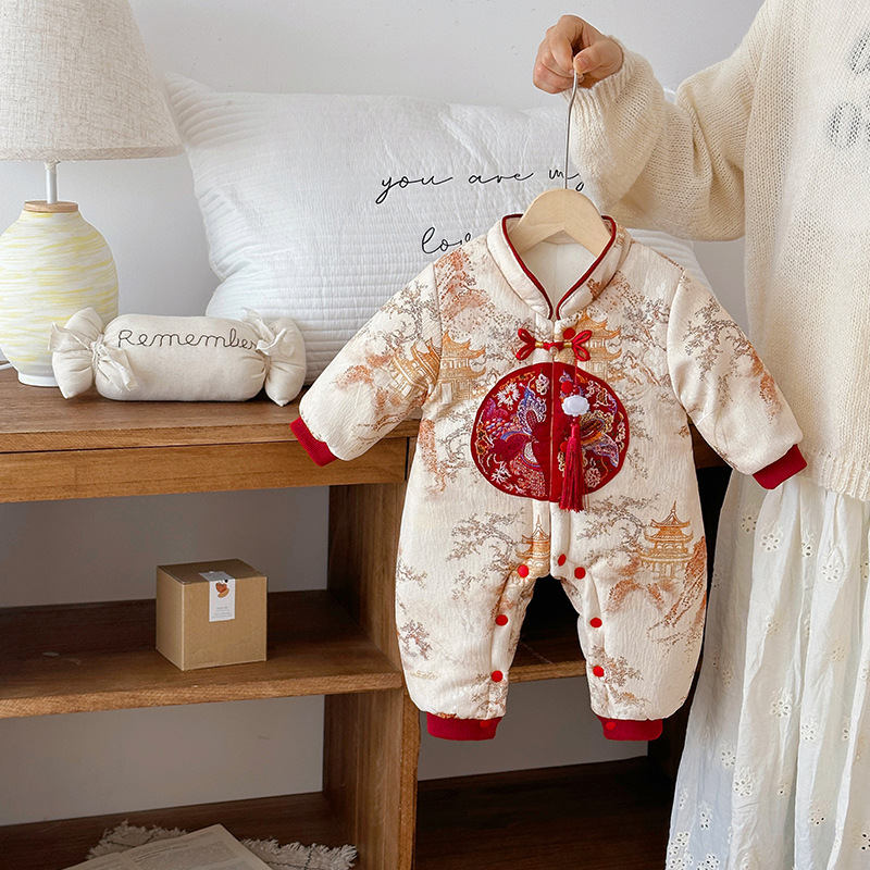 Baby Jumpsuit, Winter Clothing, New Year's Clothing, Baby's Festive 100-Day-Old Dress, Thickened Welfare Garden Landscape Painting Robe