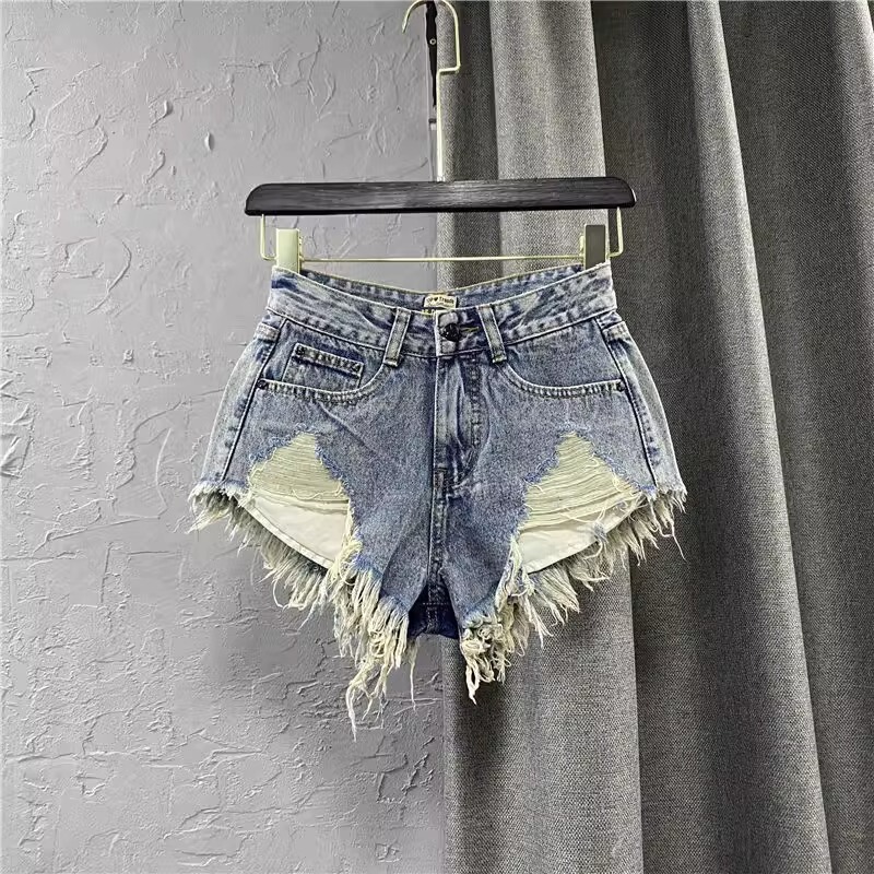 European and American Clothing Slim Fit Ripped Flap Pocket Pants Tassel Raw Edge Nostalgic Color Denim Shorts Sexy Low-Waisted A-Line Hot Pants