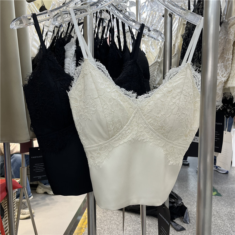 Fashion Lace Stitching Acetic Acid Sling Women's 2025 Summer New Bra with Chest Pad One-piece Slimming All-match Vest