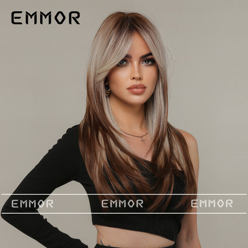 European and American new natural wig for women, middle-parted eight-character bangs, gradient dyed brown long straight hair, full headpiece wig