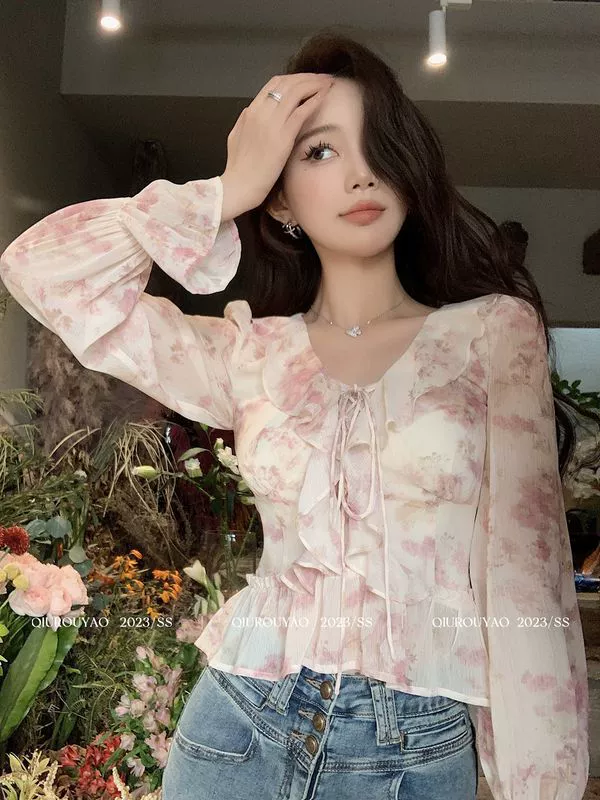 Летняя новая шифоновая рубашка во французском стиле знаменитостей с цветочным принтом, милый тонкий топ с узкой талией и уменьшающей возраст, супер фея