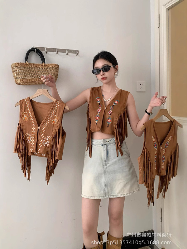 エスニック風ベスト、刺繍レイヤード、ベスト、アーティスティックショートジャケット、タッセルベスト、レトロ|undefined