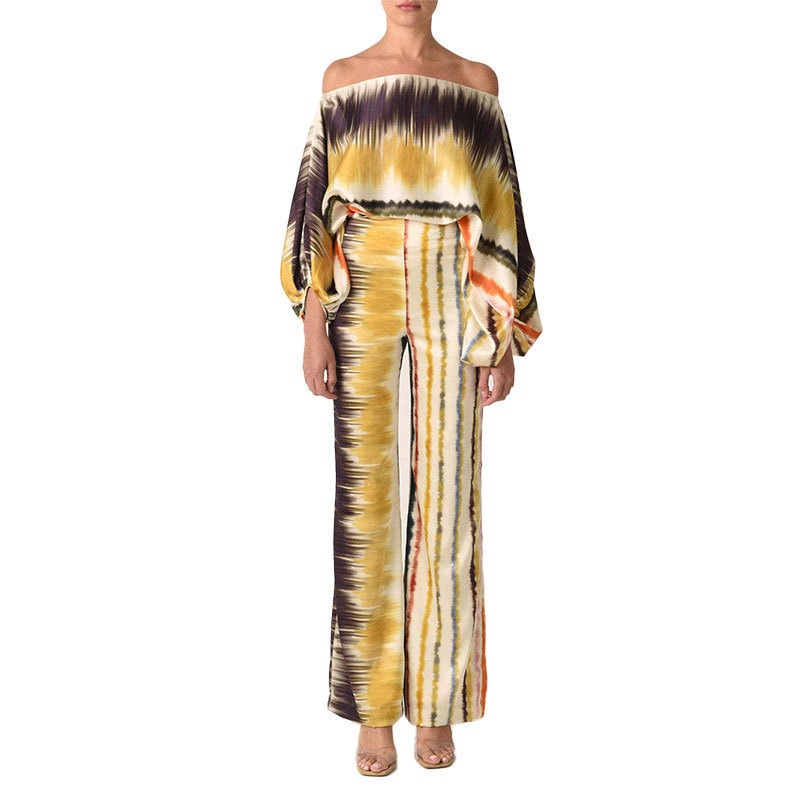 Spring New Style Women's Fashion Suit Printed Round Neck Bat Sleeve Top With Wide Leg Pants Loose Waist Design_voghion.com