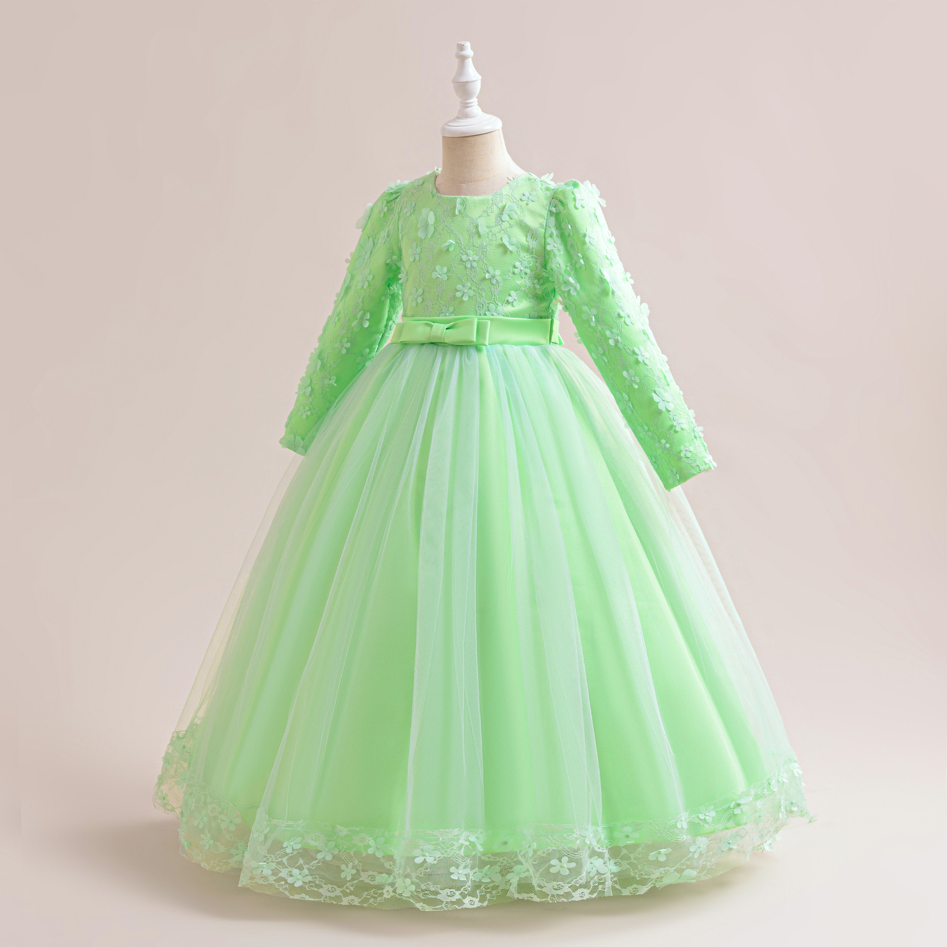 Nuevos vestidos para niños europeos y americanos, vestidos de princesa, vestidos de novia de flores de manga larga para niños grandes, faldas largas de tutú de malla