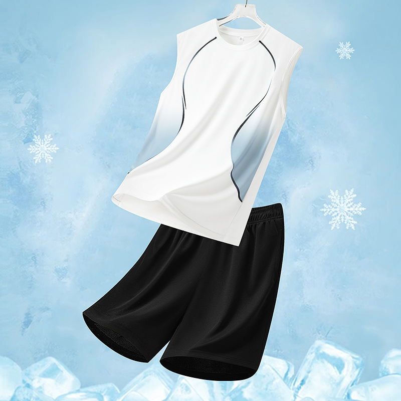 Traje deportivo para hombres de verano, traje casual para hombres, impresión graduada, suelta de dos piezas, chaleco de secado rápido, pantalones cortos para hombres