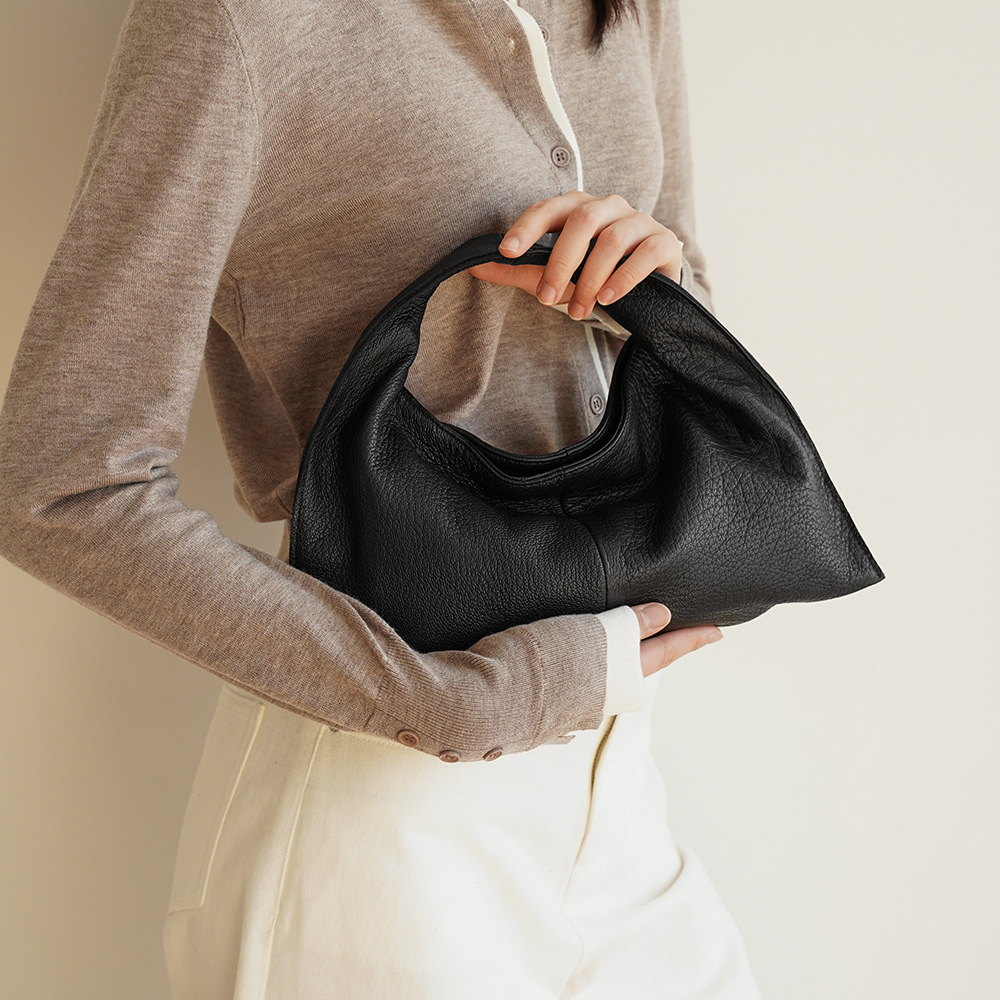 Korean Style Versatile Simple Genuine Leather Casual Commuter Cloud Underarm Bag Retro Large Capacity Textured Lambskin Dumpling Bag For Women