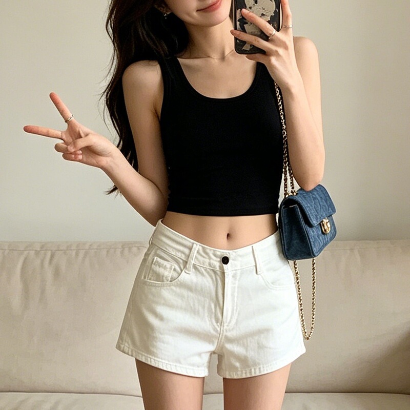 White hot girl style denim shorts for women, new low-waist, elastic, slimming, versatile A-line, hip-hugging hot pants