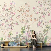 北欧手绘复古花鸟花卉壁纸客厅电视背景墙纸卧室墙布无缝影视壁画