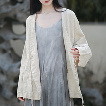 25新款棉麻女装原创文艺复古苎麻扎染宽松禅意清冷风系带外套