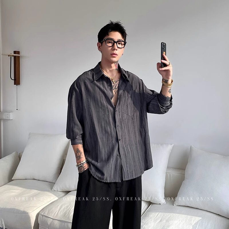 Old Money Style Coffee-Colored Tie-Dye Striped Shirt for Men, Autumn Textured Long-Sleeve Shirt, Youthful Trendy Versatile Jacket