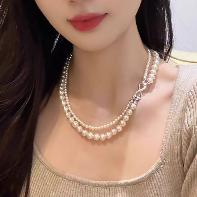 SHIJIA 진주 목걸이 여성의 2024 새로운 폭발 분리 가능한 8 자 버클 더블 레이어 쌓아 멀티 웨어 목걸이