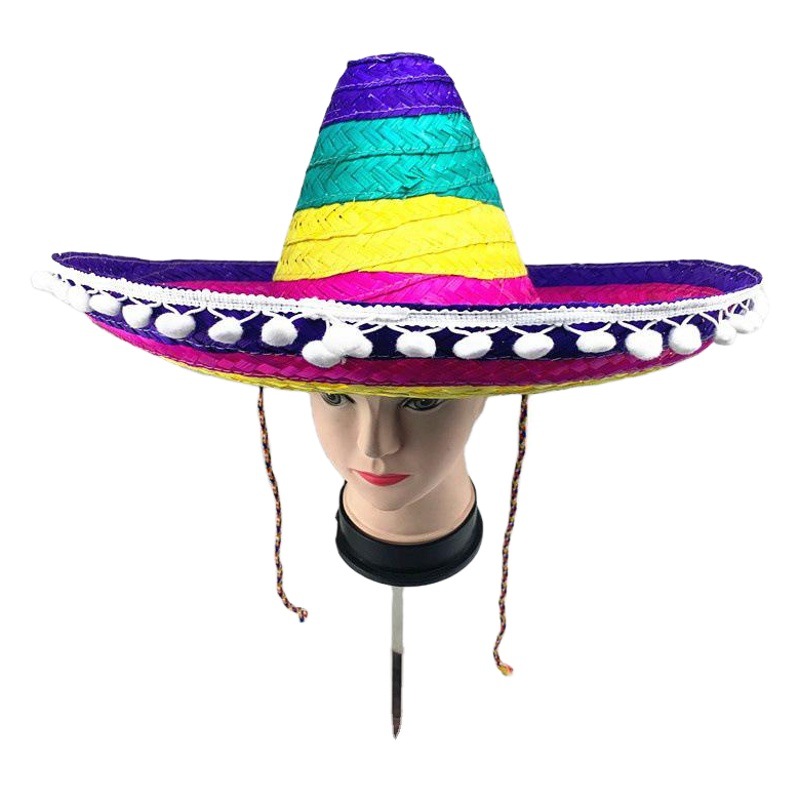 Sombrero mexicano sombrero de paja de bambú sombrero colorido sombrero de paja de fiesta sombrero de rendimiento accesorios de bola pompón sombrero de paja