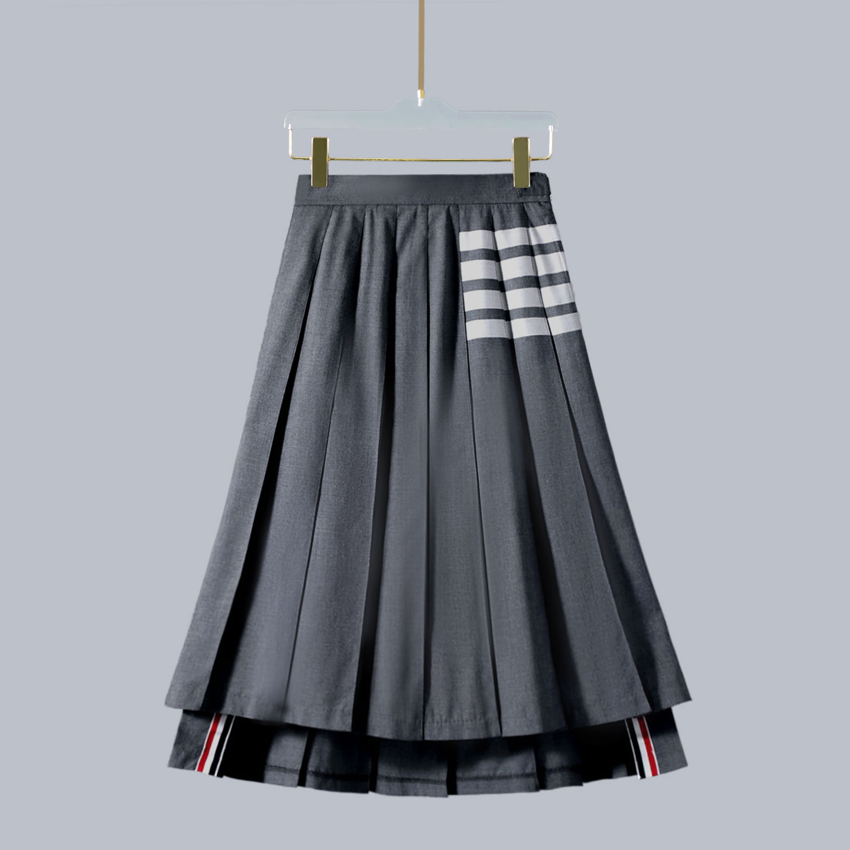 スポットTB JLプリーツスカート ハイウエスト 痩身 4本ストライプ アシンメトリーロングスカート Aライン 万能四季ハーフレングススカート レディース