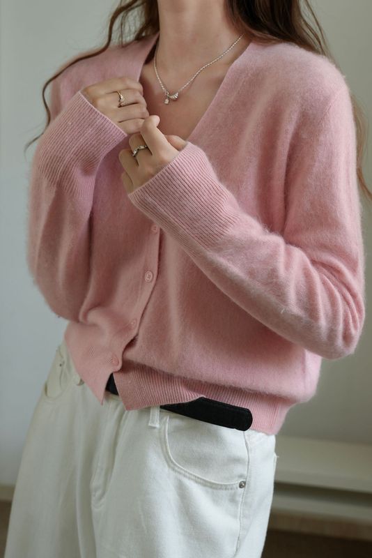 羊绒羊毛拉毛绒V领开衫女单排扣软糯羊毛慵懒随性针织毛衣外套|undefined