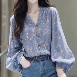 初秋法式绝美独特淑女气质森系蓝色碎花长袖衬衫上衣女宽松慵懒风