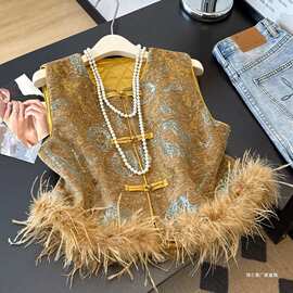 新中式国风马甲黄色重工提花坎肩背心秋冬夹棉鸵鸟毛无袖马夹女装
