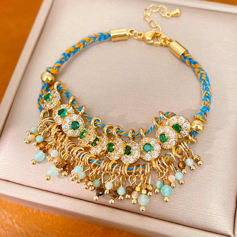 Cuerdas de color trenzadas zircon pulsera de vidrio redondo ligera de lujo nicho de alta sensación pulsera estilo nacional joyas retro