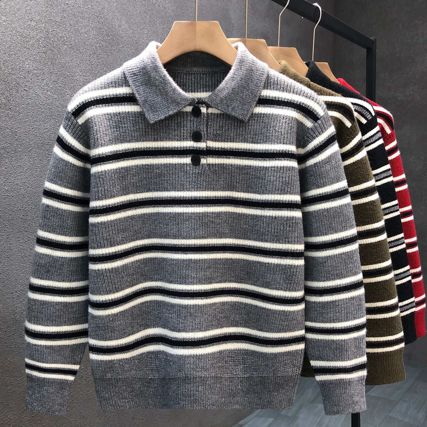 Polo camisa de punto a rayas suéter de hombre suéter de invierno y otoño comercio exterior al por mayor image 4