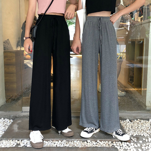 Spring High-Waist Slimming Casual Pants for Women Korean Style Loose Straight Leg Athletic Pants Versatile Elastic Waist Floor-Length Wide Leg Pants