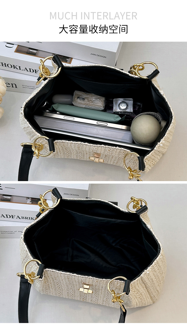360g Weight Polyester Lining Material Lock clasp Closure Type Double Handle Strap Type Tote Bag Bags Type Daily Occasion Pu Leather, Straw Material Color Block Pattern All Seasons Season Women's Gender Streetwear Style Bucket Shape Medium Size Women's Medium Pu Leather Straw Color Block Streetwear Bucket Lock Clasp Tote Bag 3