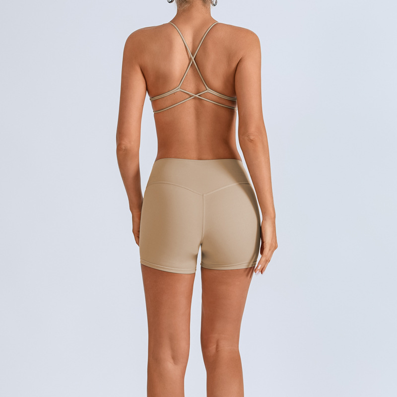 Traje de yoga europeo y americano transfronterizo, espalda hermosa con almohadilla para el pecho, sujetador con tirantes cruzados, pantalones deportivos de secado rápido de melocotón de cintura alta