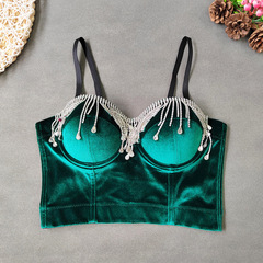 歐美流蘇水鑽吊帶背心舞颱風外穿文胸式小背心短款露背金絲絨抹胸