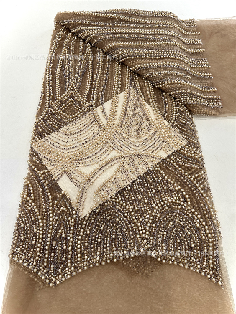 Nueva industria pesada alta tela de vestido de boda tela de bordado de perlas tela de vestido de moda