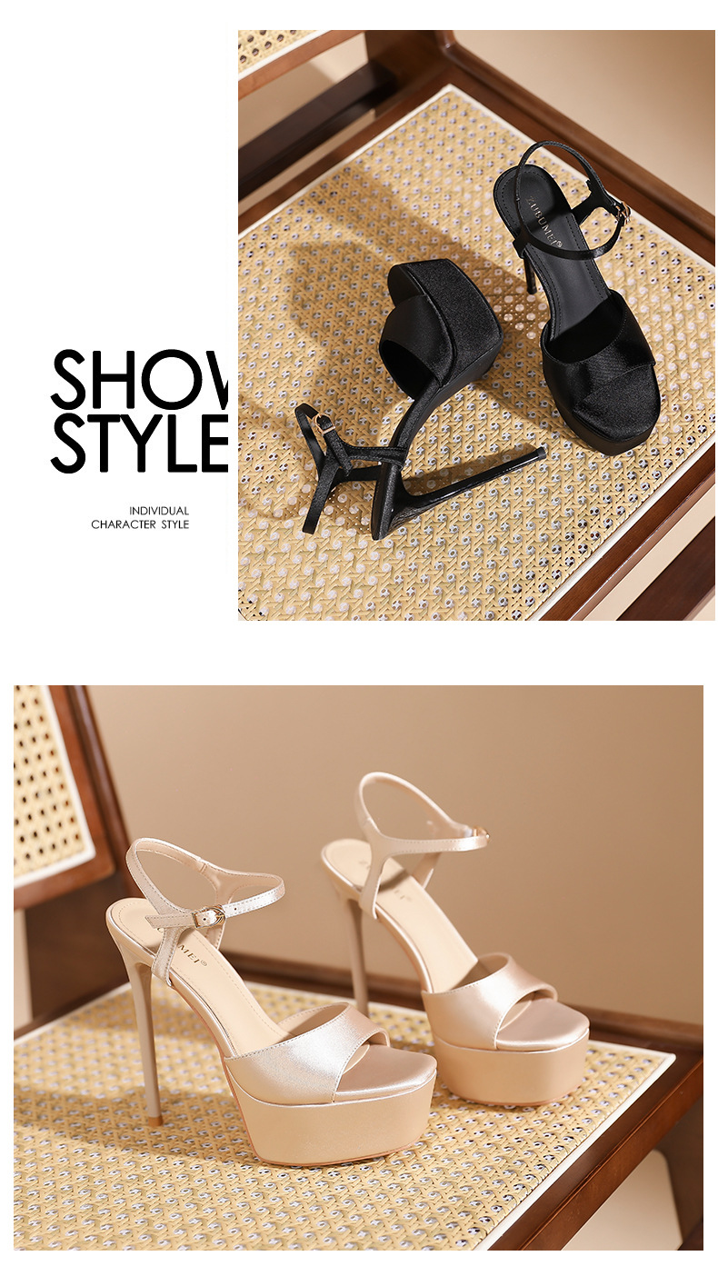 Giày sandal cao gót nữ hở mũi mũi vuông đế chống thấm nước — Màu sâm panh chi tiết 9