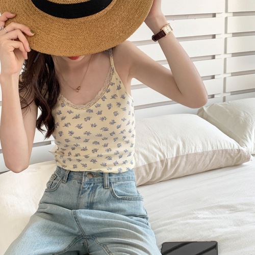 Pure Desire Style Shattered Flower Small Strap Women's Summer Fitted Short-Cut Nipple Edge Splicing V-Neck Versatile Hot Girl Backless Bra