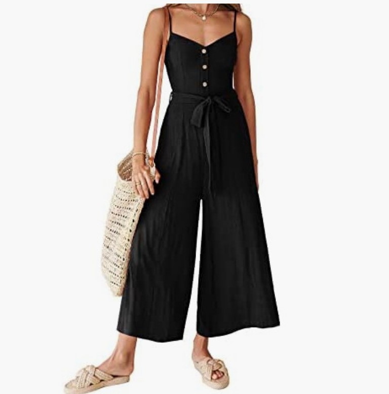 2023 Mono de pierna ancha con cuello en V y correa de hombro delgada de verano para mujer con cinturón