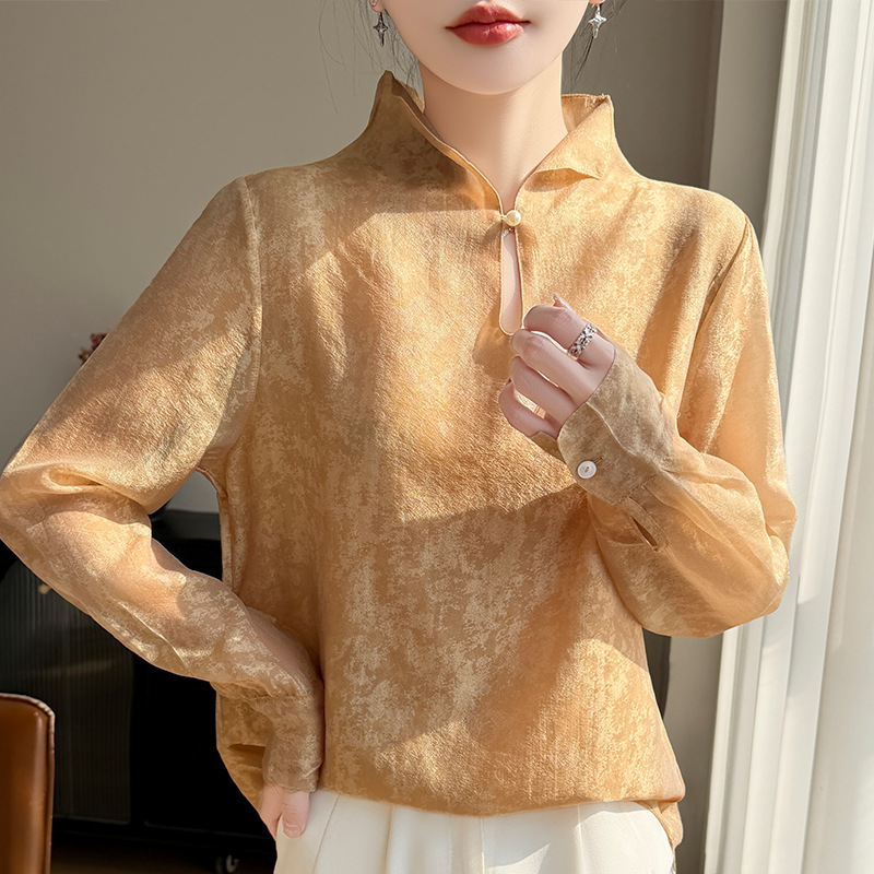 New Chinese-Style Textured Stand-Collar Shirt for Women, Spring and Summer Thin Versatile Long-Sleeve Blouse New Chinese-Style Textured Stand-Collar Shirt for Women, Spring and Summer Thin Versatile Long-Sleeve Blouse