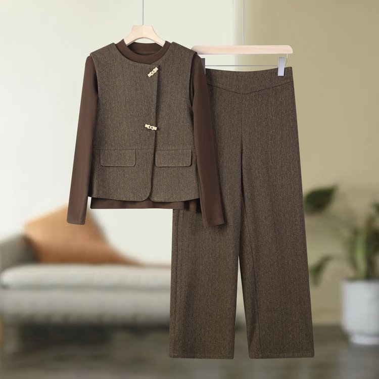 中年ママ春服セット2025新型中高年女装春秋ファッションベストコート上着3点セット|undefined