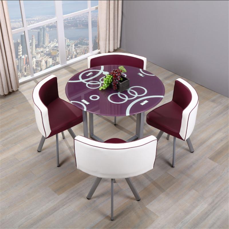Mesa y sillas de comedor modernas, mesa redonda pequeña de vidrio templado, mesa y sillas para recepción y negociación, una mesa y cuatro sillas, cocina de inducción.
