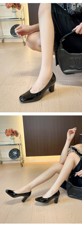 Giày cao gót nữ mũi vuông gót dày da sáng chế thanh lịch công sở, gót 6–8 cm — Màu trắng nhạt, rượu vang đỏ, đen chi tiết 12