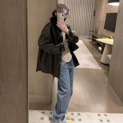 潮牌十字架拼皮宽松机车服风皮衣外套复古时髦翻领宽松衬衫情侣款