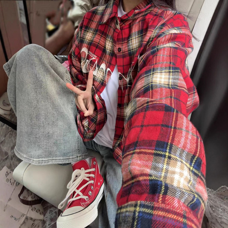 Lefier [Original] Hong Kong Style Sweet Plaid Shirt Shirt Lazy Style Cardigan New Style