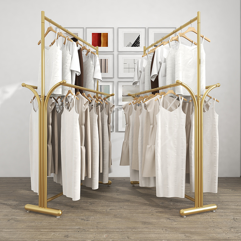 golden couture Nakajima Double row Display rack Light extravagance Clothes hanger fold Floor type double-deck balcony Drying Rod holder