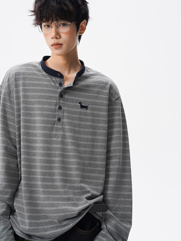 American-Style Henry Collar Striped Sweatshirt for Men, Trendy Brand, Autumn Loose Retro Lazy Style Pullover Long-Sleeve Top American-Style Henry Collar Striped Sweatshirt for Men, Trendy Brand, Autumn Loose Retro Lazy Style Pullover Long-Sleeve Top