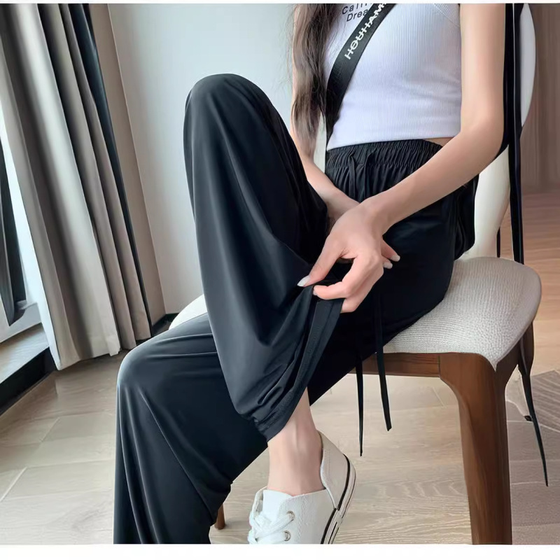 夏用の女性用ナローアイスシルク日焼け止めパンツ、薄いハイウエスト、涼しいワイドレッグパンツ、ストレートパンツ、カジュアルパンツ|undefined