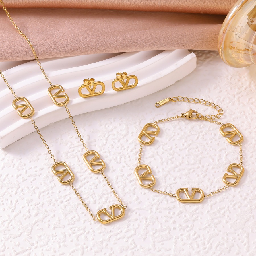 Cross-Border Exclusive Supply of New Stainless Steel V Letter Bracelet, Necklace, and Earring Set for Women, Fashionable and Versatile Internet Celebrity Jewelry