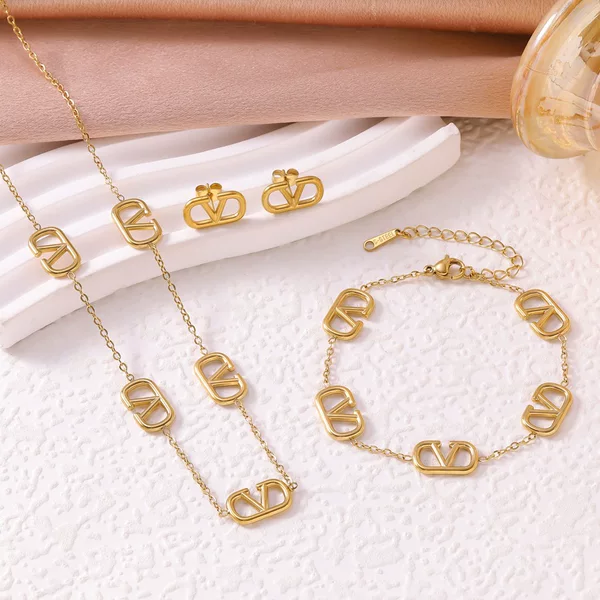 Cross-Border Exclusive Supply of New Stainless Steel V Letter Bracelet, Necklace, and Earring Set for Women, Fashionable and Versatile Internet Celebrity Jewelry